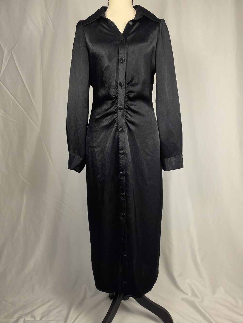 Zara Black Satin Ruched Midi Shirt Dress XS